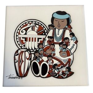 Vintage Storyteller Terracotta Trivet Cleo Teissedre 1991 White Multi